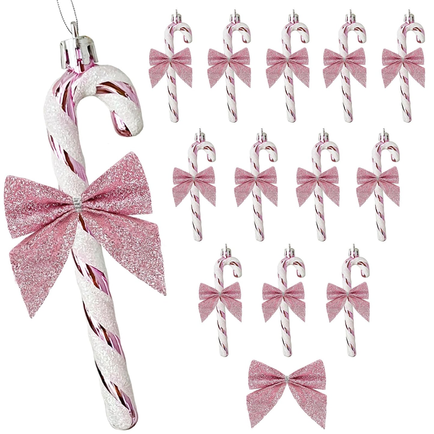 HERZWILD 12Pcs Christmas Glitter Candy Cane with Bow Pink Plastic Candy Cane Decoration Christmas Tree Hanging Ornament for Holiday Party Decoration Favor(Pink Bow)