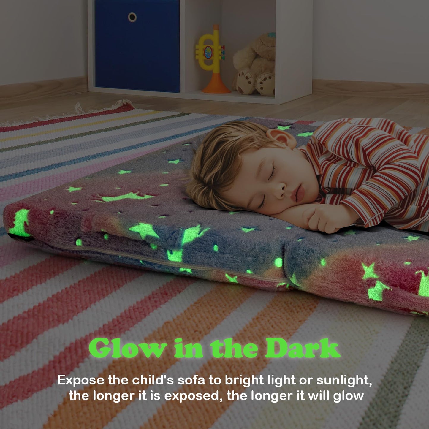 INFANS Foldable Floor Mattress for Kids, Glow in Dark Tri-Folding Nap Mat for Sleeping Daycare, Portable Foam Mattress Floor Futon Bed with Washable Cover, Storage Bag