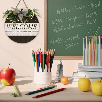 Welcome Sign for Classroom Door Welcome to Our Classroom Sign for Front Door Rustic Round Wood Hanging Sign for Classroom Outdoor School Wall Indoor Decor 12×12 Inch