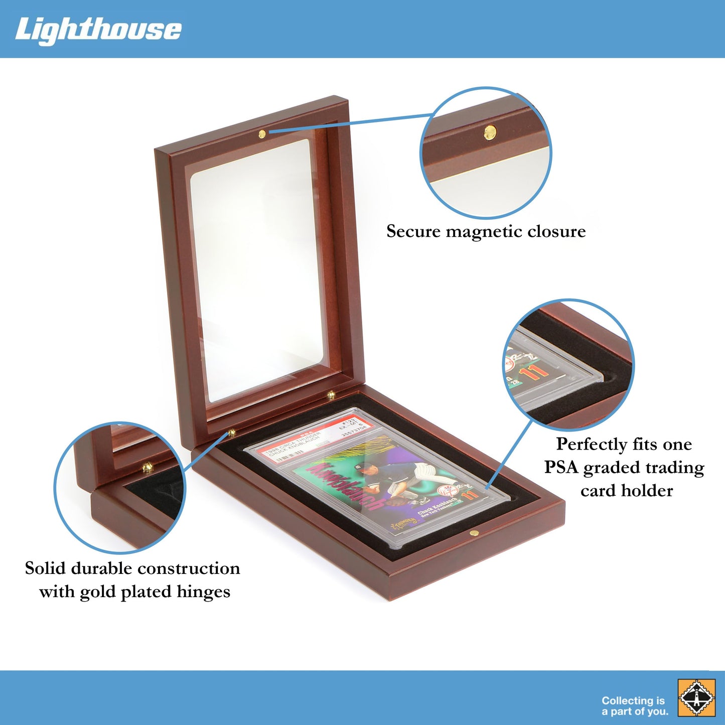 Lighthouse - Presentation Case for One Graded Trading Card Holder | VOLTERRA Box for One PSA Holder Mahogany Wood-Grain Finish (4 3/4" x 7 x 1 1/4")