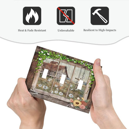 Farm Barn Farmhouse Rustic Country Flower 3 Gang Wall Plates Decorative Triple Toggle Light Switch Cover Electrical Switchplate Unused Decorate Faceplate for Bathroom Home