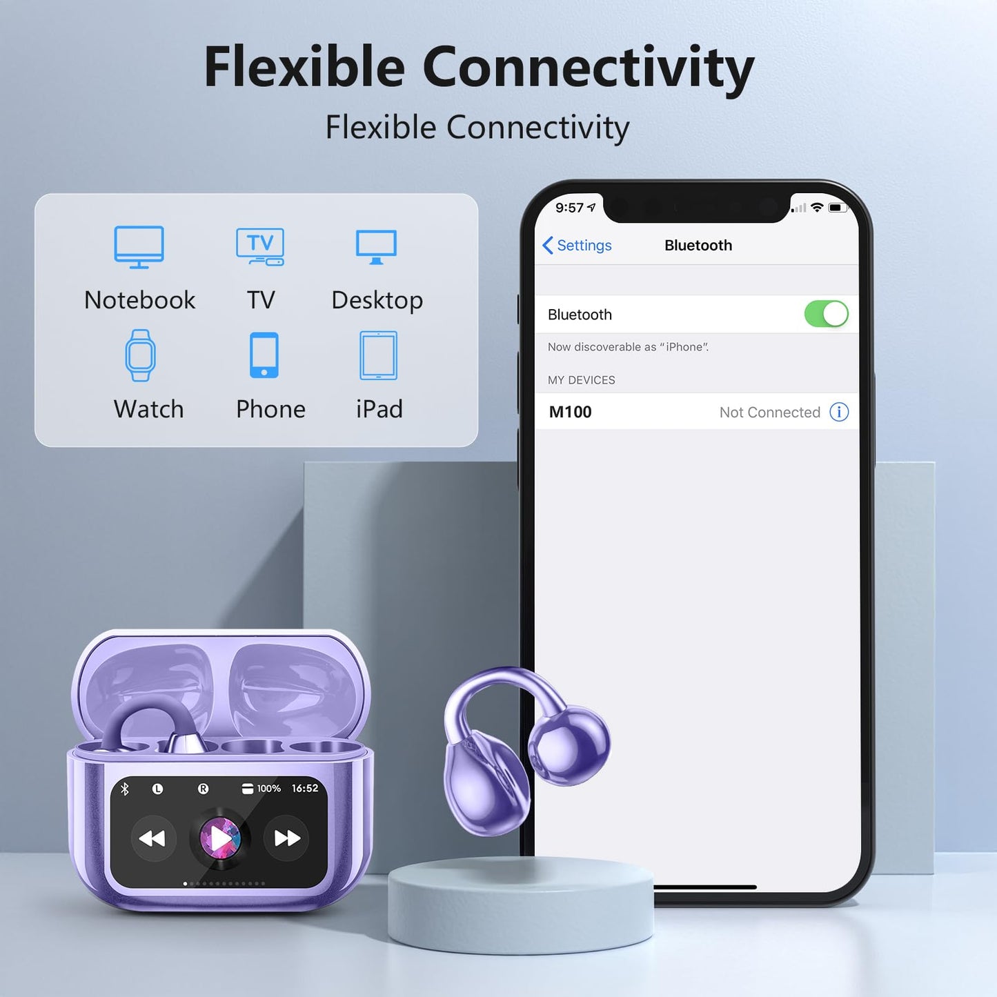 Open Ear Clip On Earbuds Intelligent Touch Color Screen Open Ear Wireless Bluetooth 5.4 Headphones Lightweight Comfort Sport Earbuds Built-in Mic IPX7 Waterproof Earphones for Running Fitness (Purple)
