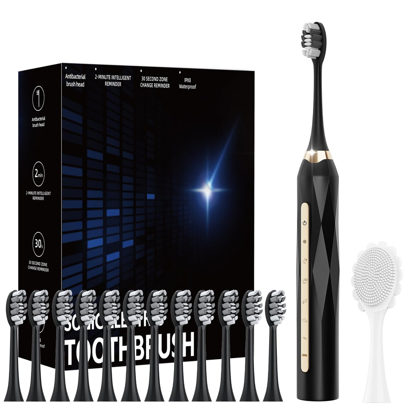 Adult Sonic Electric Toothbrush, USB Rechargeable Sonic Toothbrush, with 12 Brush Heads, 5 Modes, Equipped with Cleaning Brush, Brushing and Washing Two in one