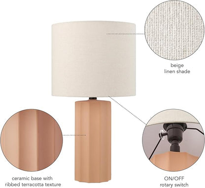 GLOBE Electric 61000062 20" Ribbed Ceramic Table Lamp, Matte Terracotta Finish, White Linen Shade, On/Off Rotary Switch on Socket, for Living Room, Bedroom, Office, Home Décor