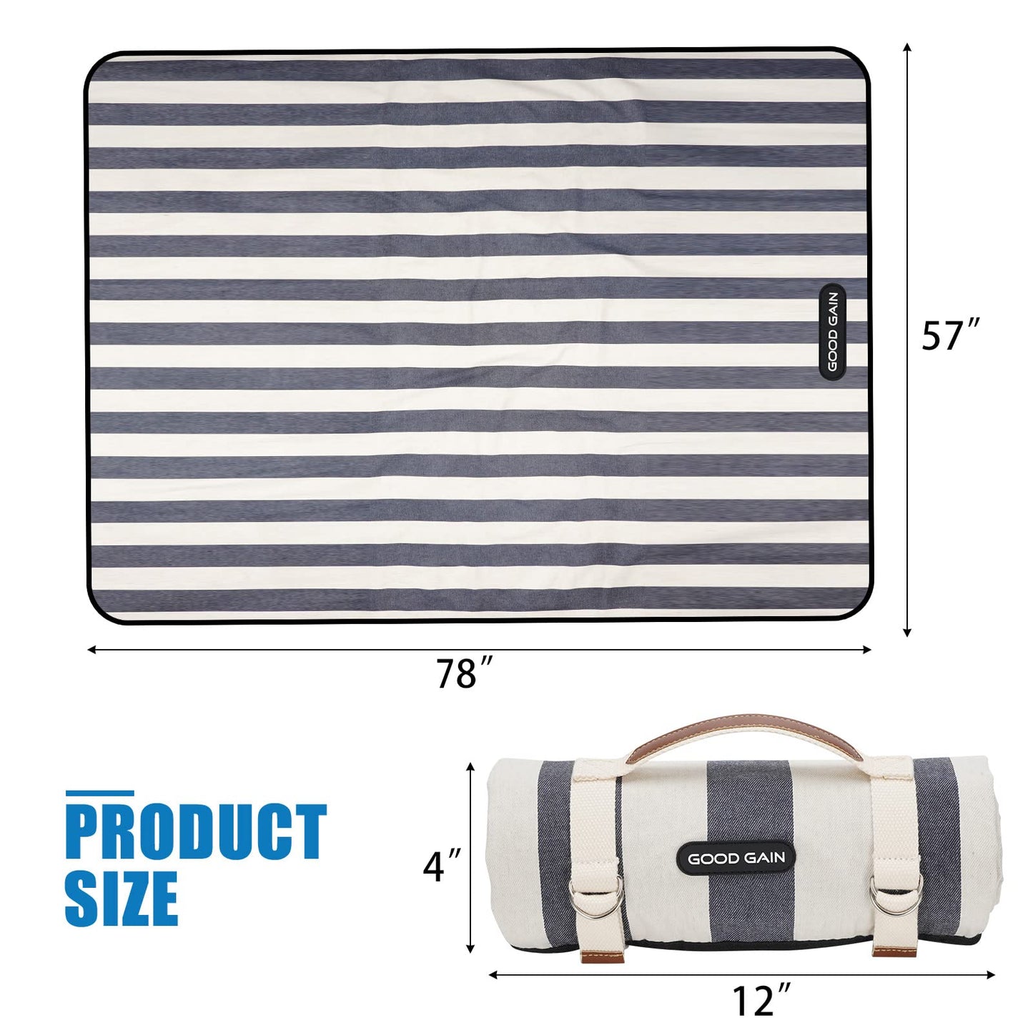 G GOOD GAIN Waterproof Picnic Blanket Portable with Carry Strap for Beach Mat or Family Outdoor Camping Party, Park Blanket for Grass Park, Hiking, Travel, Concerts (Denim Blue)