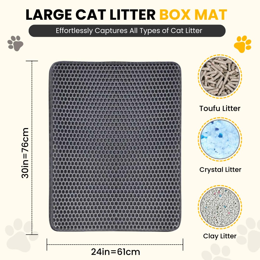 Andalus Brands Large Cat Litter Mat - Waterproof & Urine-Proof Litter Box Mat, Non-Slip Kitty Litter Mats for Floor, Easy to Clean Litter Trapping Design (30" x 24", Grey)