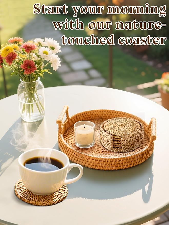 6pcs Natural Handmade Rattan Coasters with Holder - Wicker Drink Coasters Set for Protecting Table, Housewarming Gifts Boho Fall Home Decor