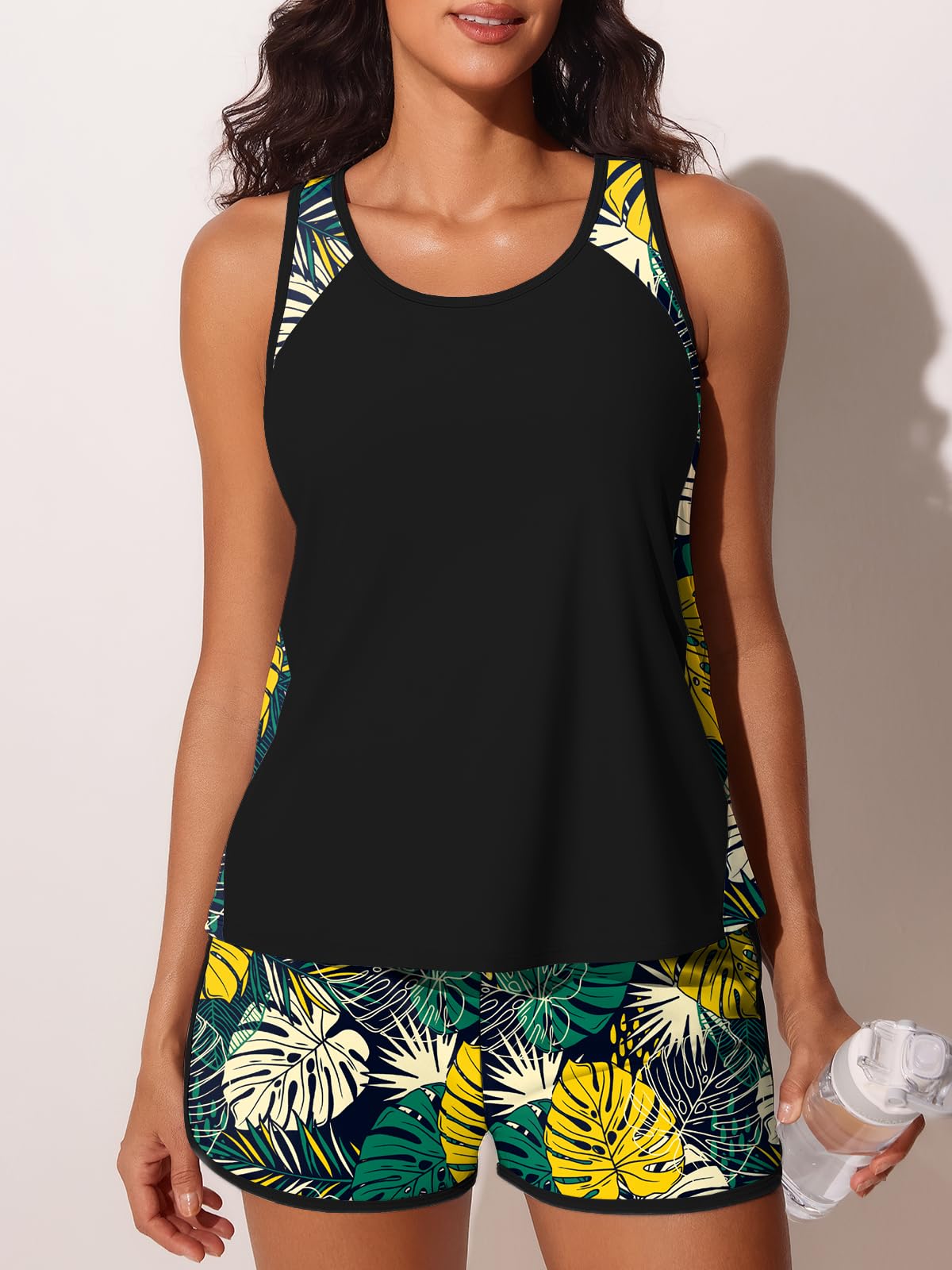 Summer Mae Blouson Tankini Swimsuits for Women 2026 Tummy Control Two Piece Bathing Suits with Sporty Pockets Swim Shorts Yellow Green Monstera Size 12
