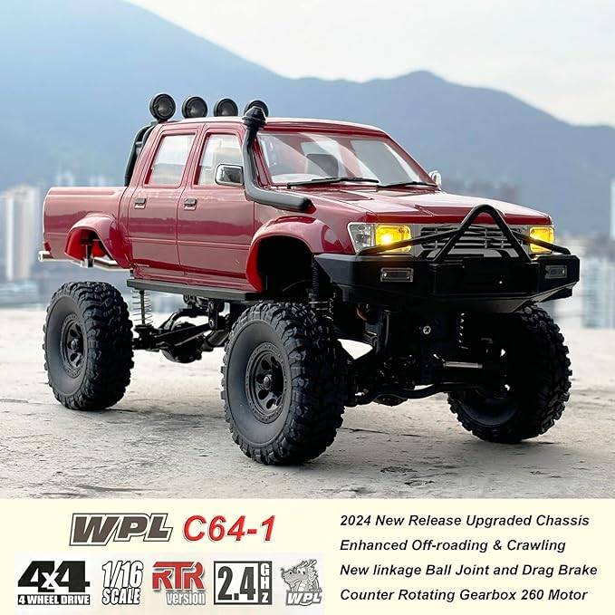 RC Rock Crawler 4x4 RC Truck 1/16 Scale RC Crawler WPL C64-1 Remote Control Truck Off Road RTR All Terrain 260 Motor 2.4GHz Fully Proportional Upgraded Chassis Hobby Vehicle for Adult