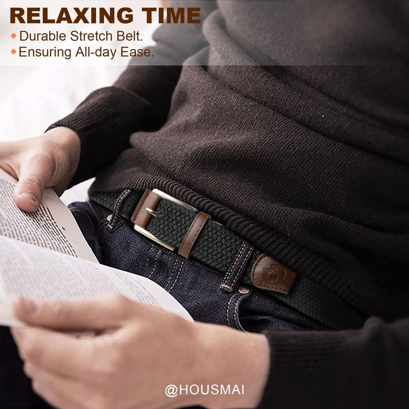 Housmai Stretch Braided Belt for Men -Mens Gift Elastic Woven Golf Belt 1 3/8"- for Golf Jeans Casual Wear