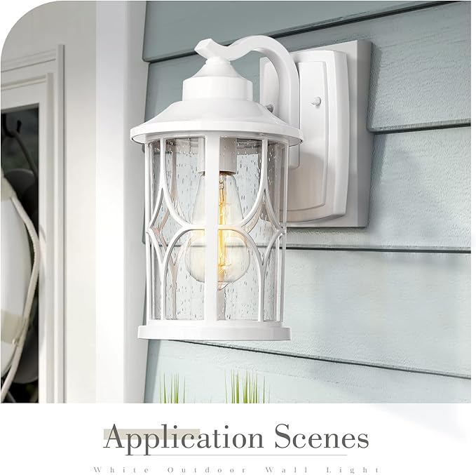 zeyu 2 Pack Outdoor Wall Sconce Lights, Modern Farmhouse Outdoor Porch Lights for House, Die-Cast Aluminum in White Finish, Seeded Glass Shade, ZX48B-2PK WH