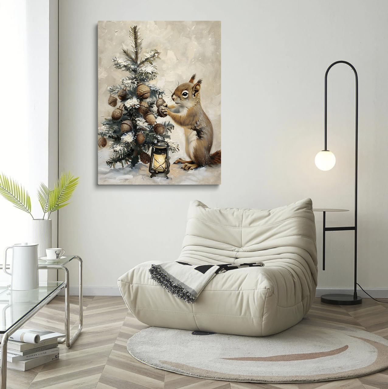 Tree Decor Winter Wall Art, Winter Squirrel Print, Snowy Pine Tree, Rustic Lantern, Acorn Ornaments, Holiday Scene Art, Woodland Christmas,Christmas Rustic Farmhouse Decor 16x24inch Unframed