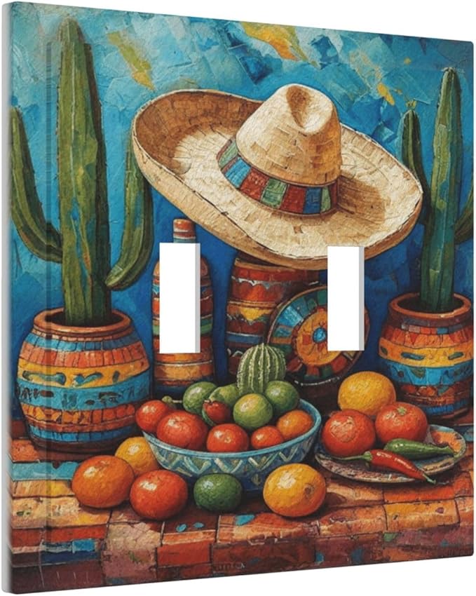 Decorative Art Light Switch Covers Mexican Sombrero & Serape Vibes 2 Gang Double Toggle Wall Plate Decorative Switchcover Electrical Switchplate for Home Decor