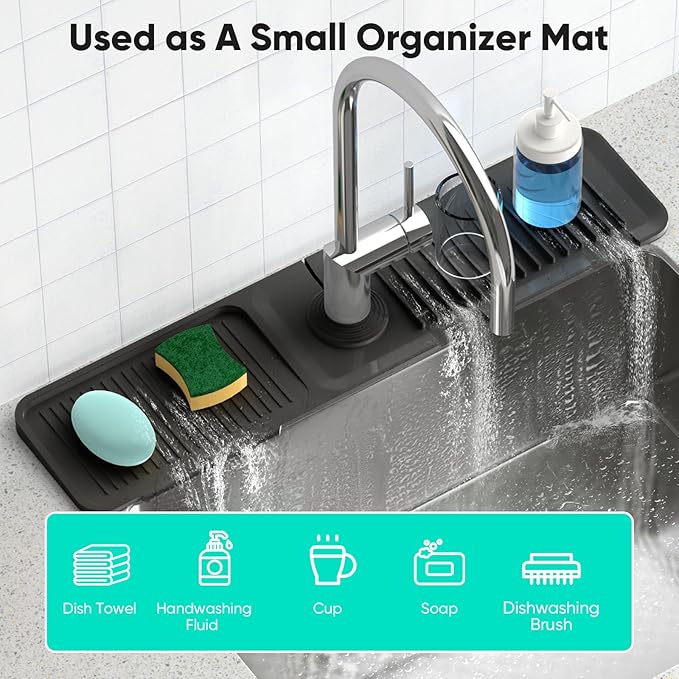 24 Inch Longer Faucet Mat for Kitchen Sink, 5° Slope Fast Self-draining