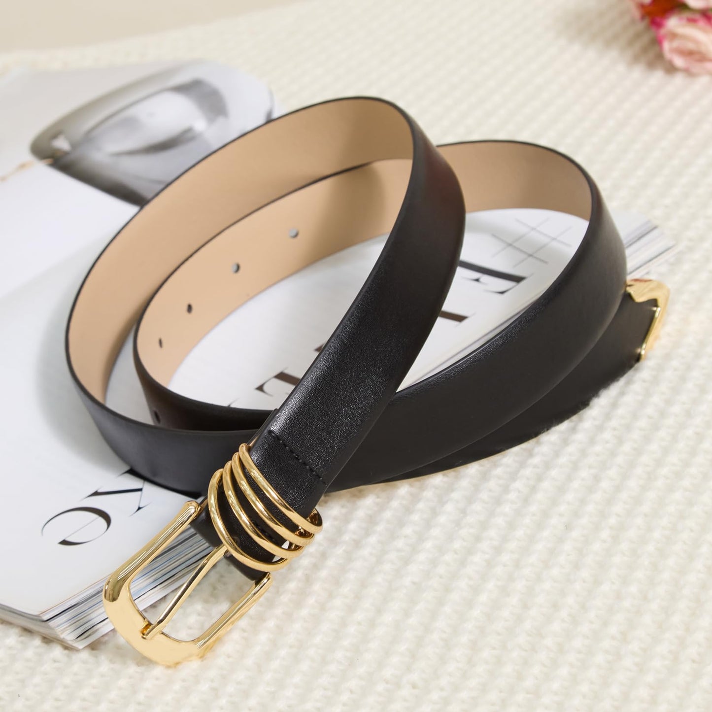 Fianmy Women's Leather Belts for Jeans Dresses Pants Fashion Waist Belt Elegant Ladies Belts for Women with Gold Buckle (Black Gold Buckle, XXL:Fit Waist Size 43"-48")