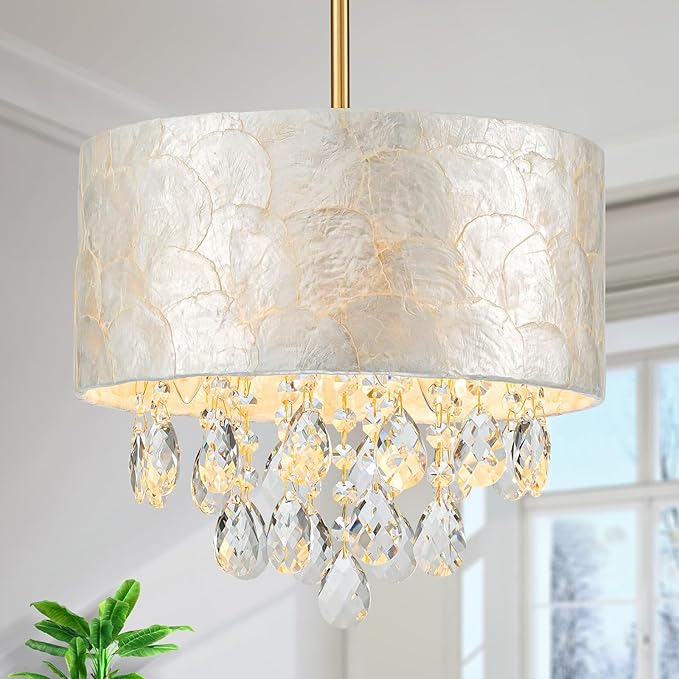 3-Lights Drum Capiz Shell Crystal Chandelier, Coastal Style Pendant Light Fixture for Dining Room, Living Room, D12 x H19~49"(Adjustable), Shell Lampshade & Gold Finish
