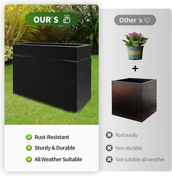 Metal Rectangular Planter Box, Powder Coating Steel Large Planters 35" L x 12" W x 26" H with Drainage Hole, Indoor Outdoor All-Weather Use for Home, Porch, Patio, Garden(Black)