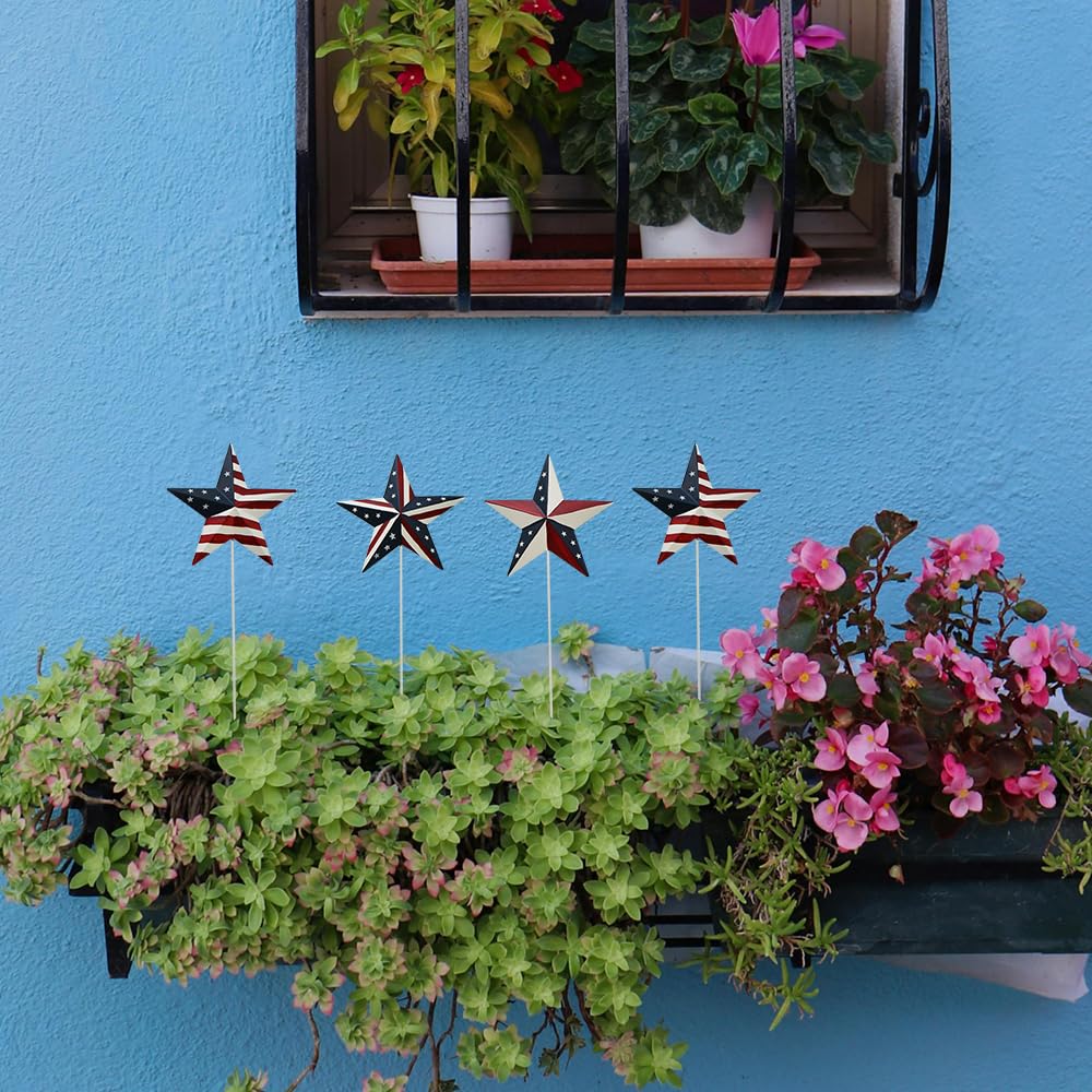 K KILIPES 15.75" H Metal Star Barn Patriotic Garden Stakes, 4pcs Rustic US Flag Star Metal Plant Stick Yard Art Ornament for Memorial Day 4th of July Veterans Day Election Day Decoration