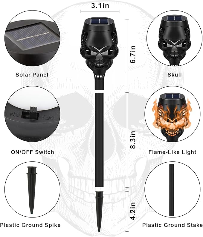 Solar Halloween Decorations Outdoor, 8 Pack Spooky Skulls Solar Torch Flame Lights, Waterproof Pathway Halloween Lights for Garden, Yard, Lawn, Porch, Landscape Decor, Orange