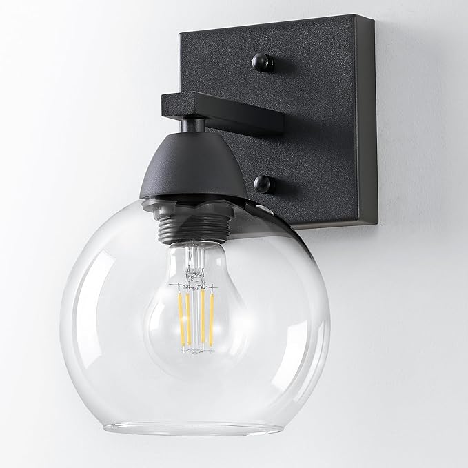 Bathroom Light Fixtures, 1-Light Matte Black Vanity Light with Hand-Blown Thick Glass Shade, High Clarity & Durable, Wall Sconce for Mirror, Kitchen, Bedroom, Hallway