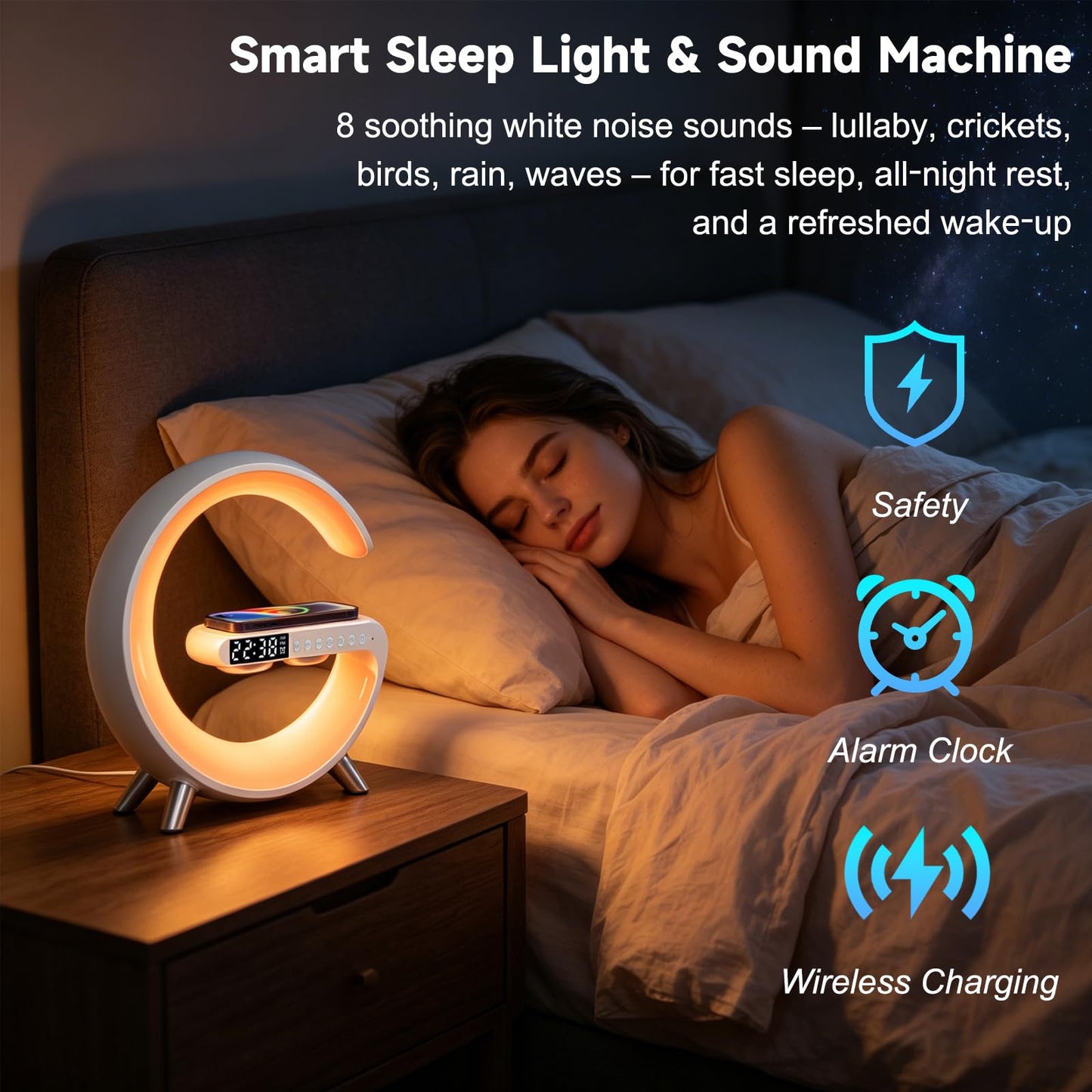 Smart LED Table Lamp with Bluetooth Speaker, Fast Wireless Charger, RGB Night Light, Sunrise Alarm Clock & App Control Bedside Atmosphere Lamp for Bedroom Office Home Decor, Teen Girls Boys Gifts