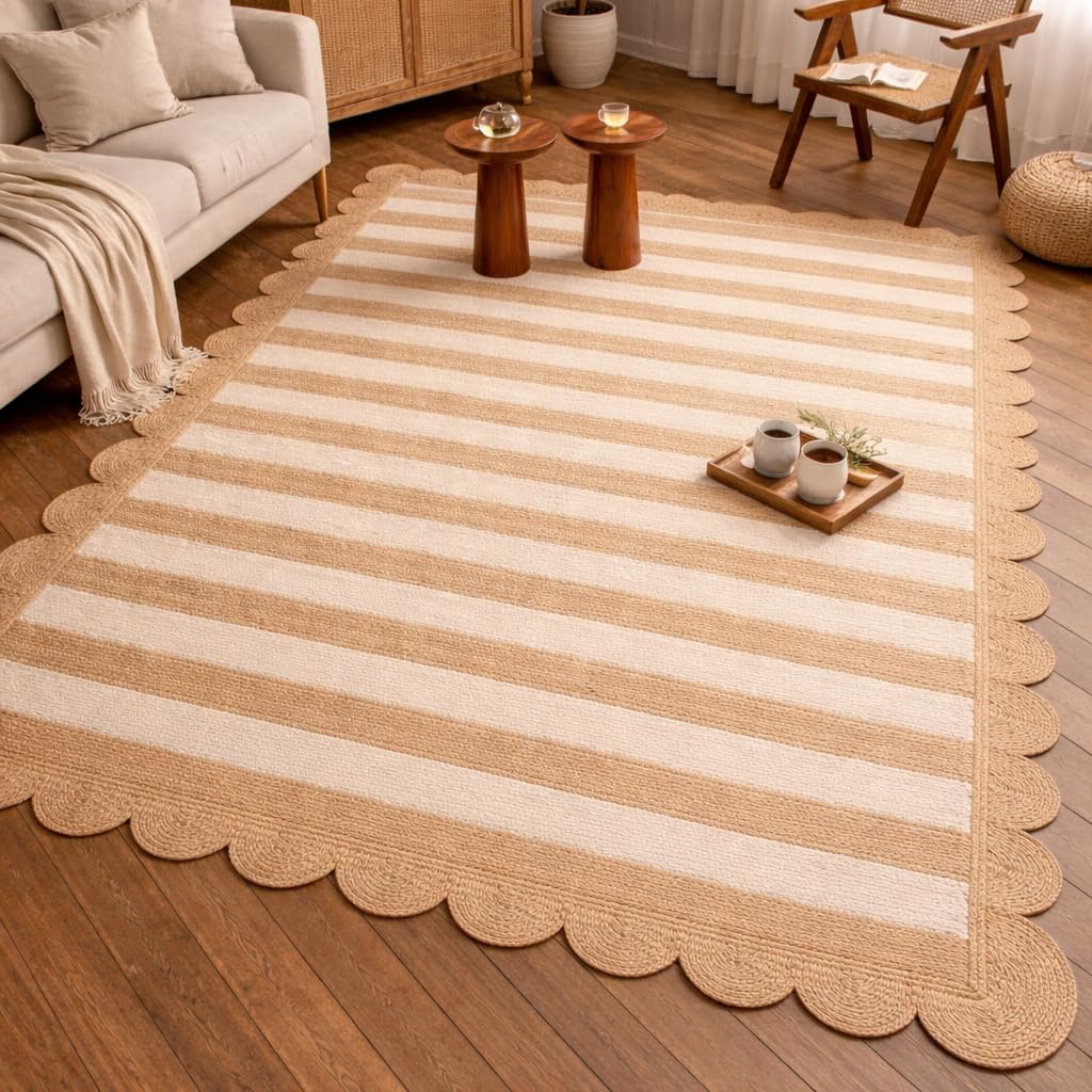 HOMEMONDE Scalloped Jute Rug 8x10 ft - Boho Rustic Vintage Farmhouse Style Eco-Friendly Jute Fiber Area Rug Hand Braided for Living Room, Bedroom, Dining Room