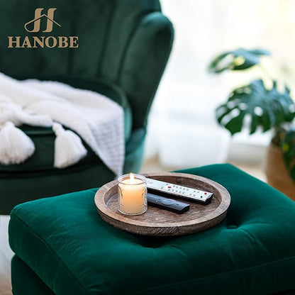 Hanobe Rustic Wooden Serving Tray: Round Wood Butler Decorative Tray Vintage Centerpiece Candle Holder Trays Farmhouse Ottoman Tray for Decor Countertop Home Decor Accessories for Coffee Table