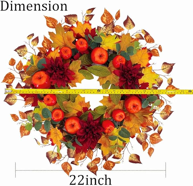 22 Inch Fall Wreath for Front Door, Thanksgiving Artificial Autumn Apple Wreath with Maple Leaves Dahlia Hydrangea for Farmhouse Home Window Wall Office Wedding Indoor Outdoor Decorations