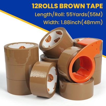 TAPEBEAR Brown Packing Tape with Dispenser, 2.6mil Thick, 1.88" x 55Yard Secure Sticky Brown Tape Heavy Duty Packaging Tape Refills for Carton Sealing, Shipping, Mailing & Storage