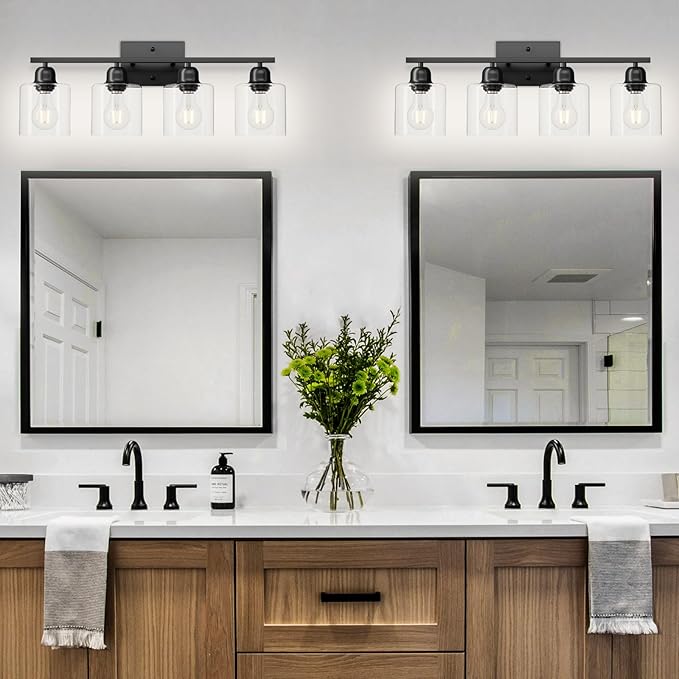 Modern 4 Light Bathroom Light Fixtures, 24 inch Bathroom Vanity Light with Clear Glass for Mirror Kitchen Living Room Hallway Cabinet Porch