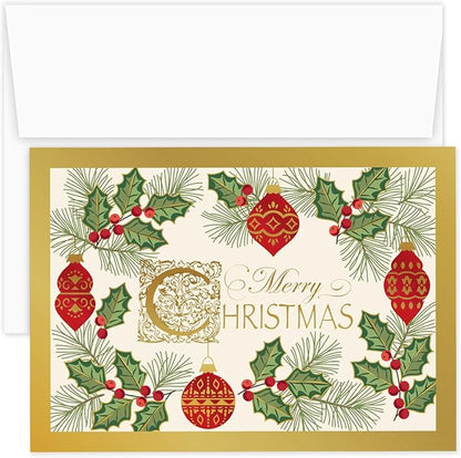 Masterpiece Antique Ornament Christmas Cards / 15 Festive Evergreen Holly Holiday Card Set With Foil Accents And White Envelopes / 5 5/8" x 7 7/8" Winter Greeting Cards With Inside Verse