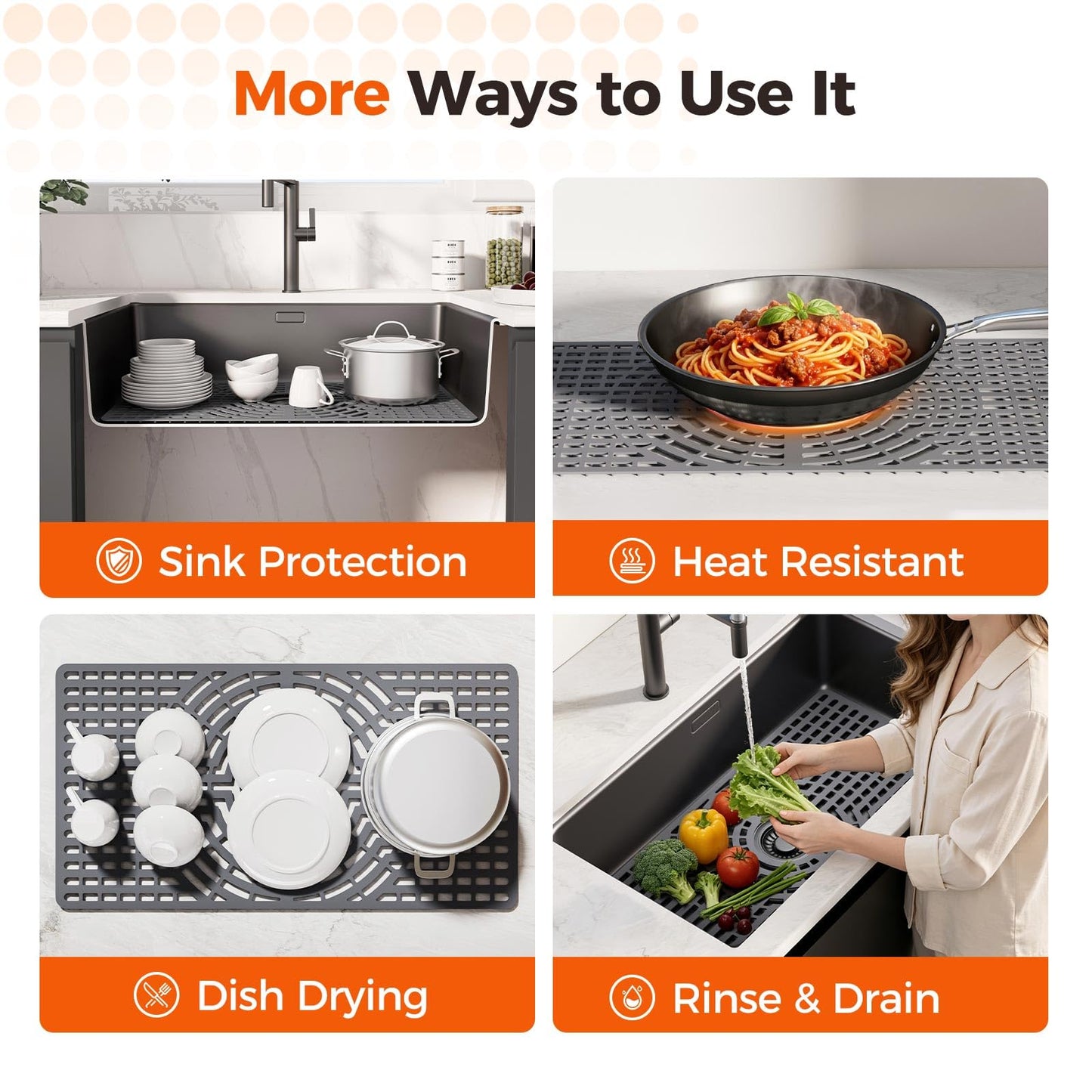 Snuggery Silicone Sink Protector 28"x15" Center Drain Hole, Heat Resistant Non-slip Dishwasher Suitable, Large Mat for Bottom of Farmhouse Kitchen Stainless Steel Sink(Grey)