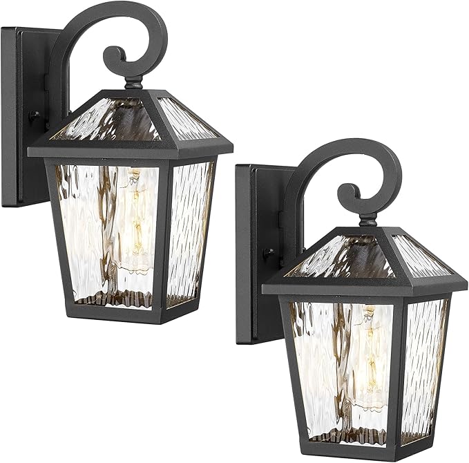 Outdoor Lights Fixtures Wall Mount, Outdoor Wall Lantern with Water Ripple Glass, Waterproof Outside Exterior Wall Sconce Lights Fixture for House, Front Porch, Patio, Matte Black, 2Packs