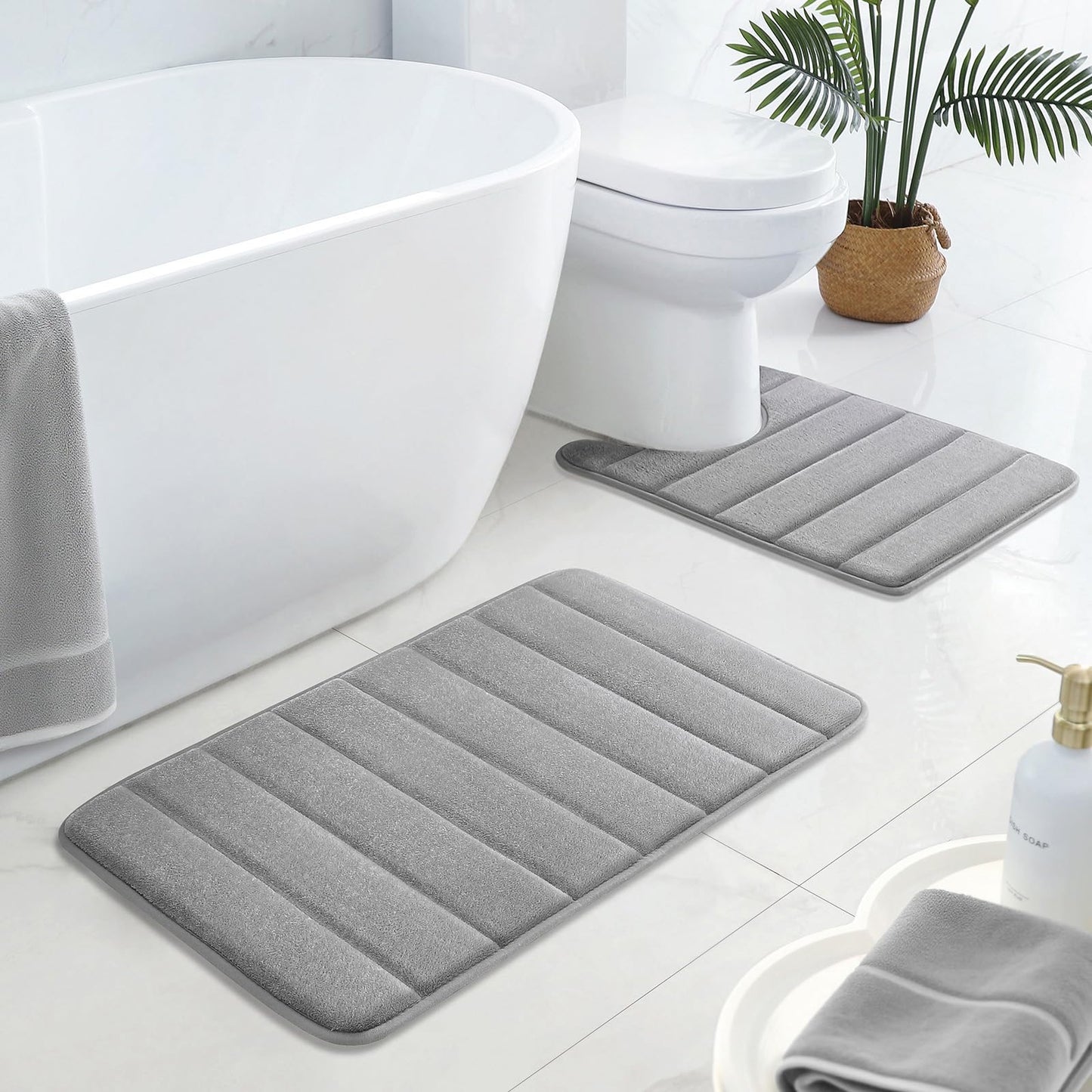 BYSURE Bathroom Rugs Sets 2 Piece, Memory Foam Non Slip Extra Soft Absorbent Machine Washable Toilet Bath Mats (Grey, 20x32+U-Shaped 20x24)