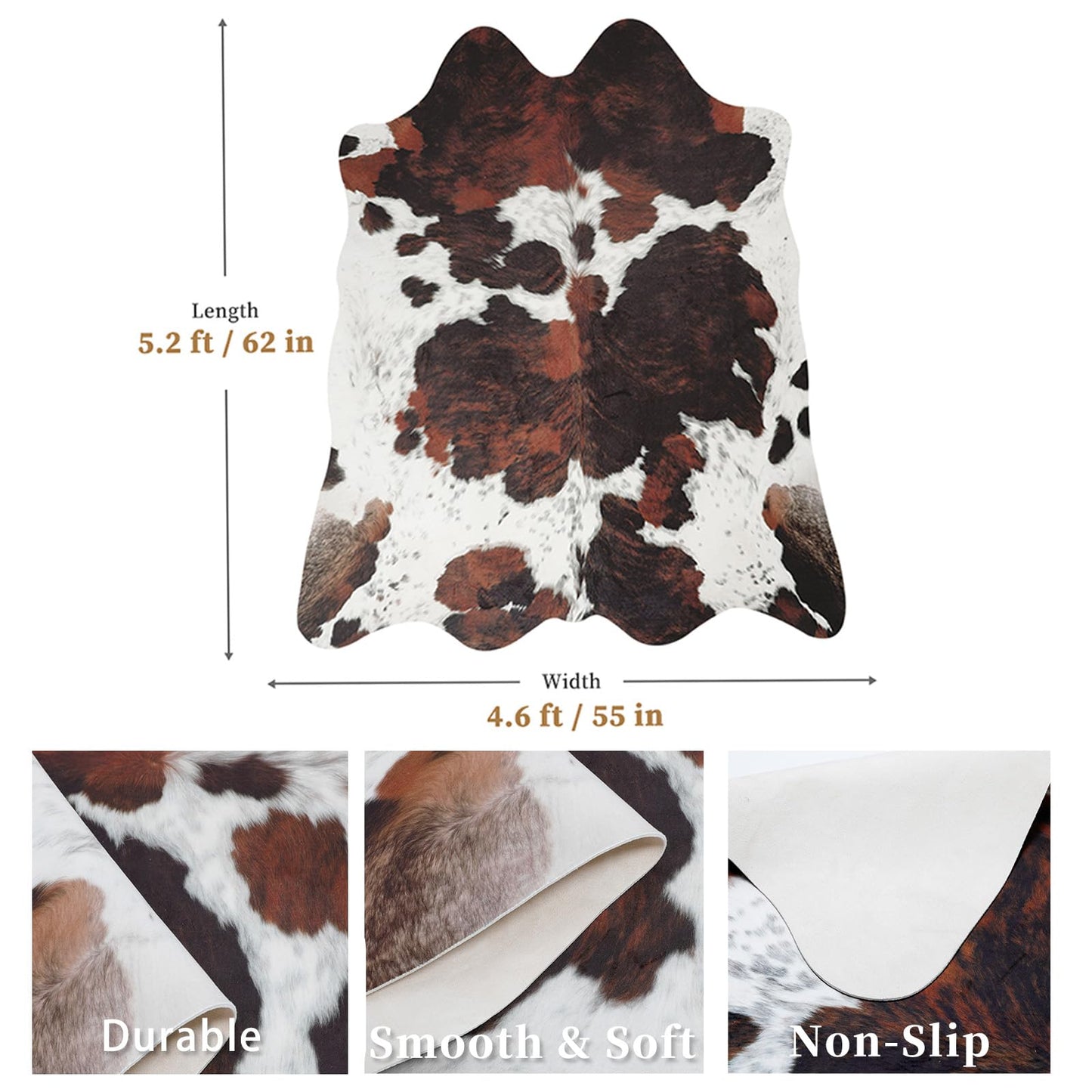 BennyRug Cowhide Rug Faux Cowhide Rugs Cow Hide Animal Print Rug Brown Non-Slip Area Rug Western Decor for Living Room, Bedroom, Office(4.6x5.2ft)