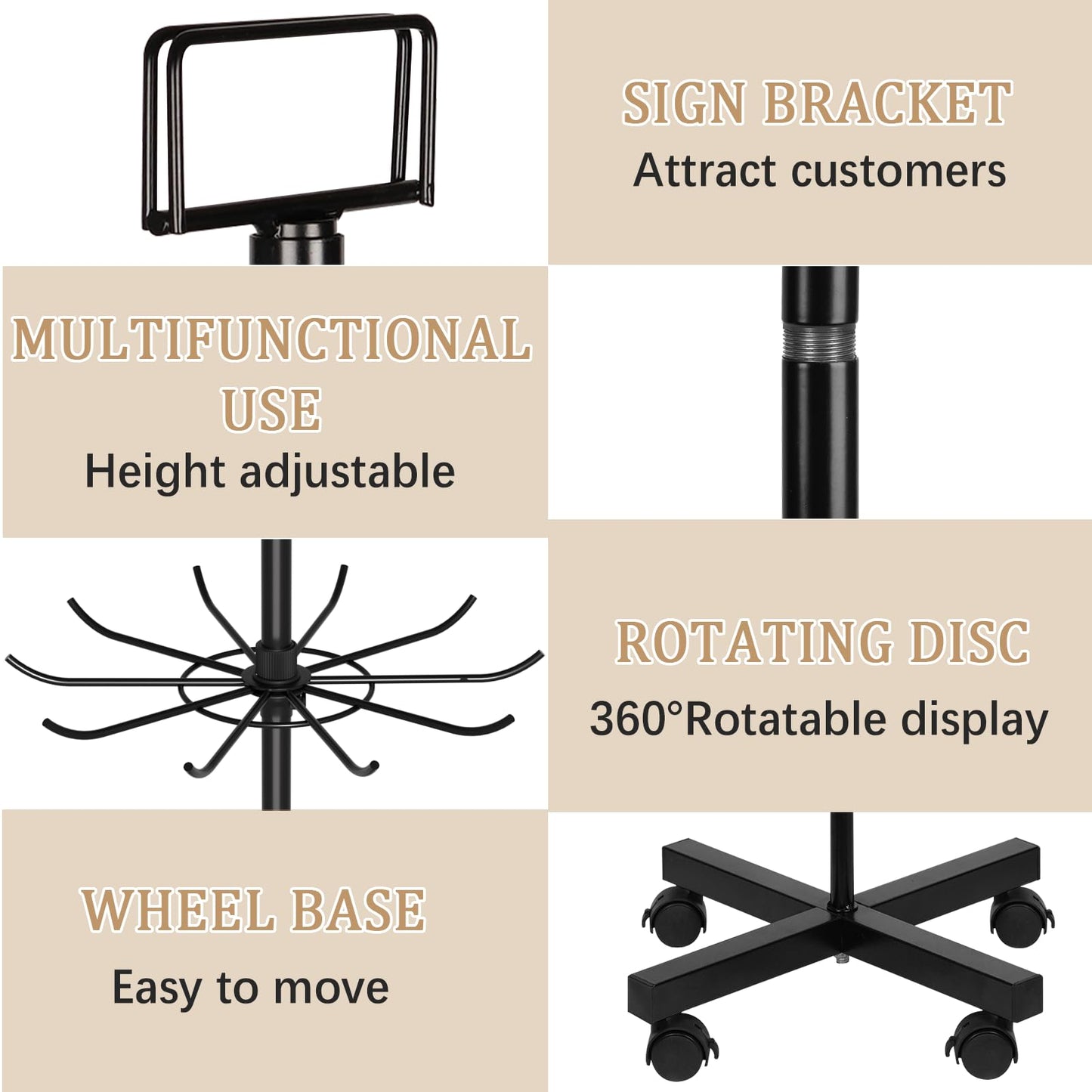 Exttlliy Retail Display Stand Store Display Rack 6 Tier Metal Spinning Display Stand Rack with Wheels Keychain Jewelry Stocking Hat Stand with Hooks for Malls, Showroom, Retail Store (6 Tier Black)