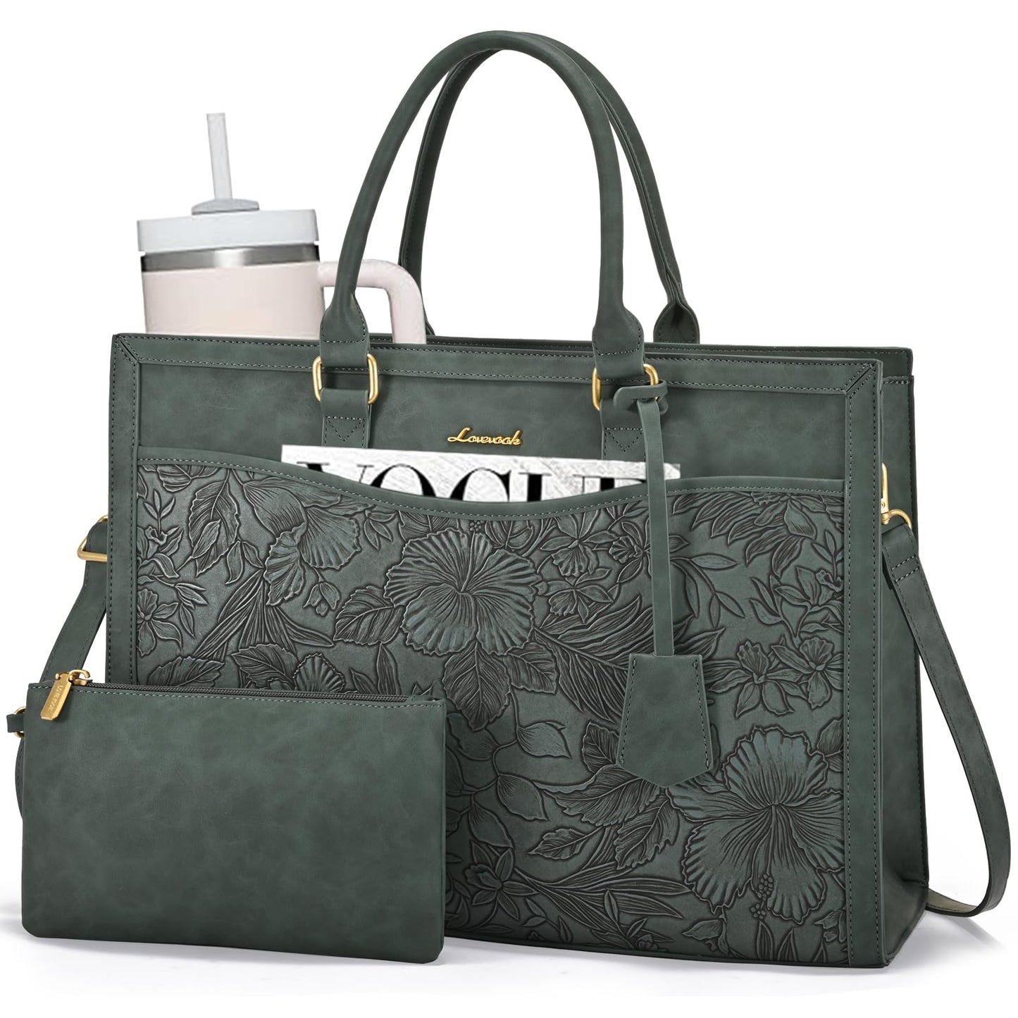 LOVEVOOK Laptop Tote Bag for Women, Office Work Bag Briefcase fit for 15.6 inch Laptop, Teacher Computer Bag Handbag,Retro Embossed Green