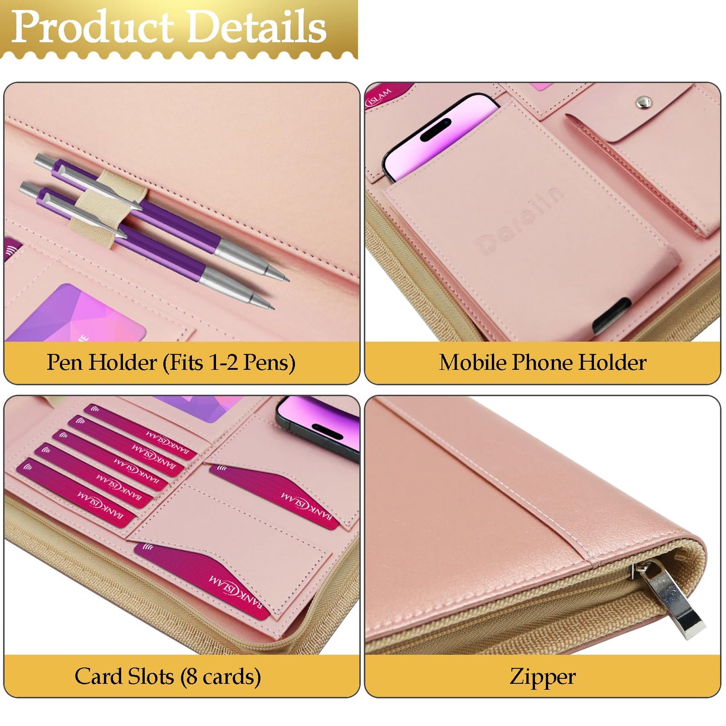 Darolin [Zippered] Portfolio Padfolio Organizer Binder with Clipboard, Leather Business Interview Resume Document Holder Folder Planner Organizer for Office Conference Notepad Bag for Women - RoseGold