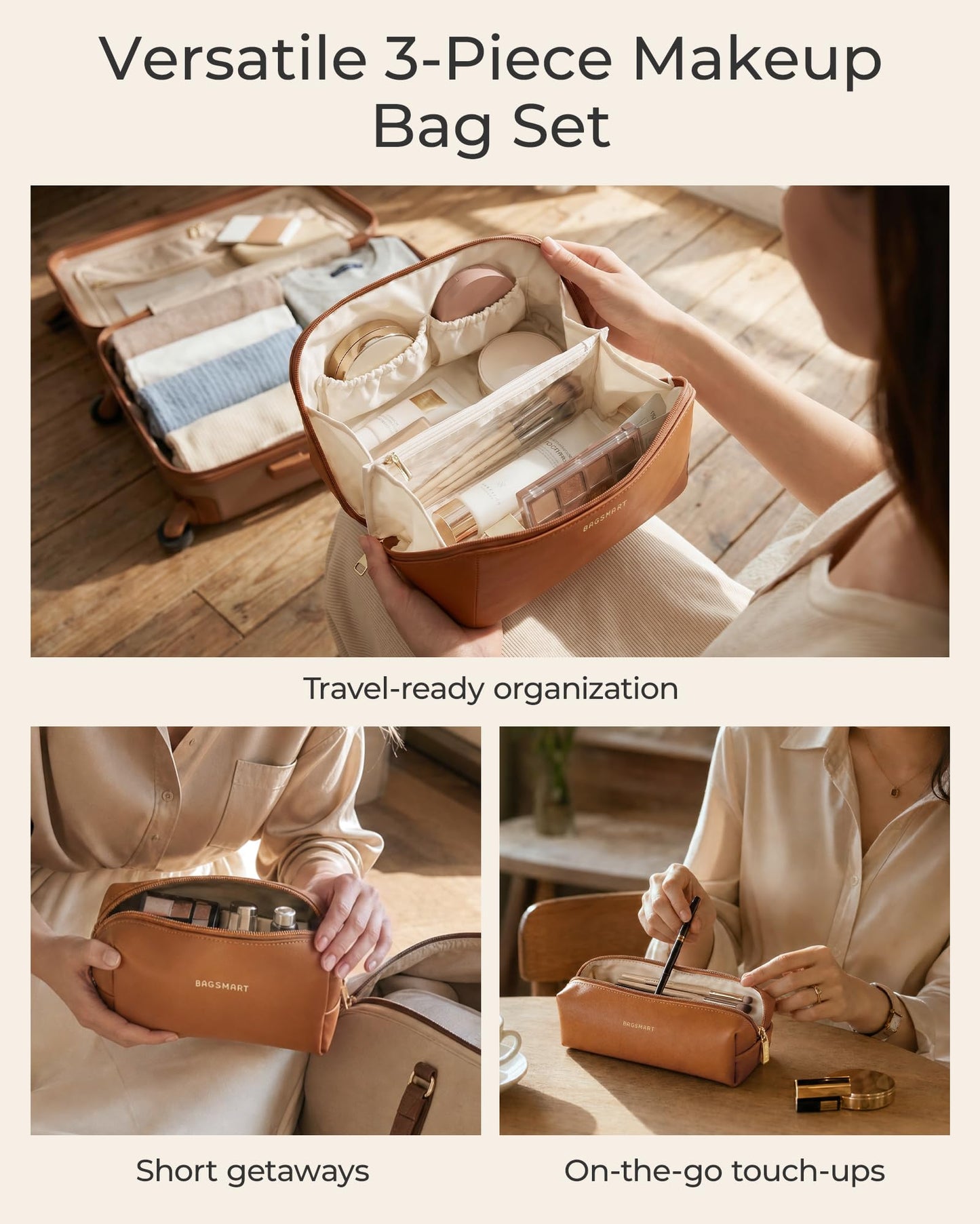 BAGSMART Makeup Bag Travel 3 Pcs Set Cosmetic Bag, Large Make Up Bag Flat Open Toiletry Bag for Women, PU Leather Travel Essentials Organizer Case, Wide-open Pouch for Skincare, Brushes,Classic Brown