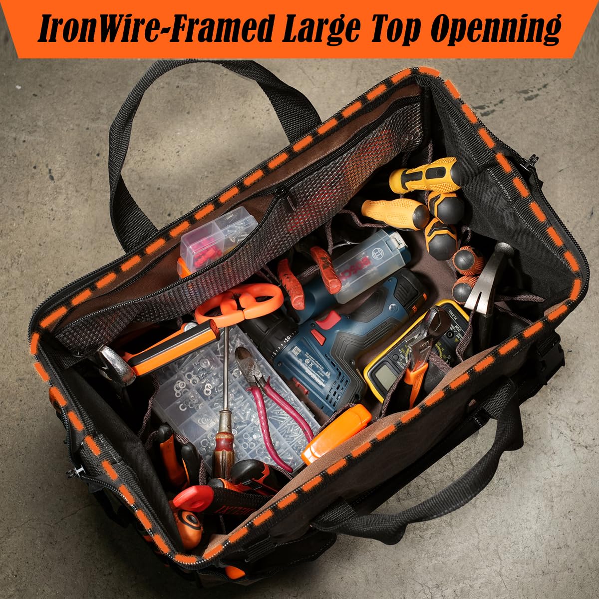 WELKINLAND 18 Inch Waxed Canvas Tool Bag, Heavy-Duty Electrical Tool Bag, Large-Opening 28-Pocket Tools Bag, 36L Tool Bags For Men, Quick-Access HVAC Tools Bags