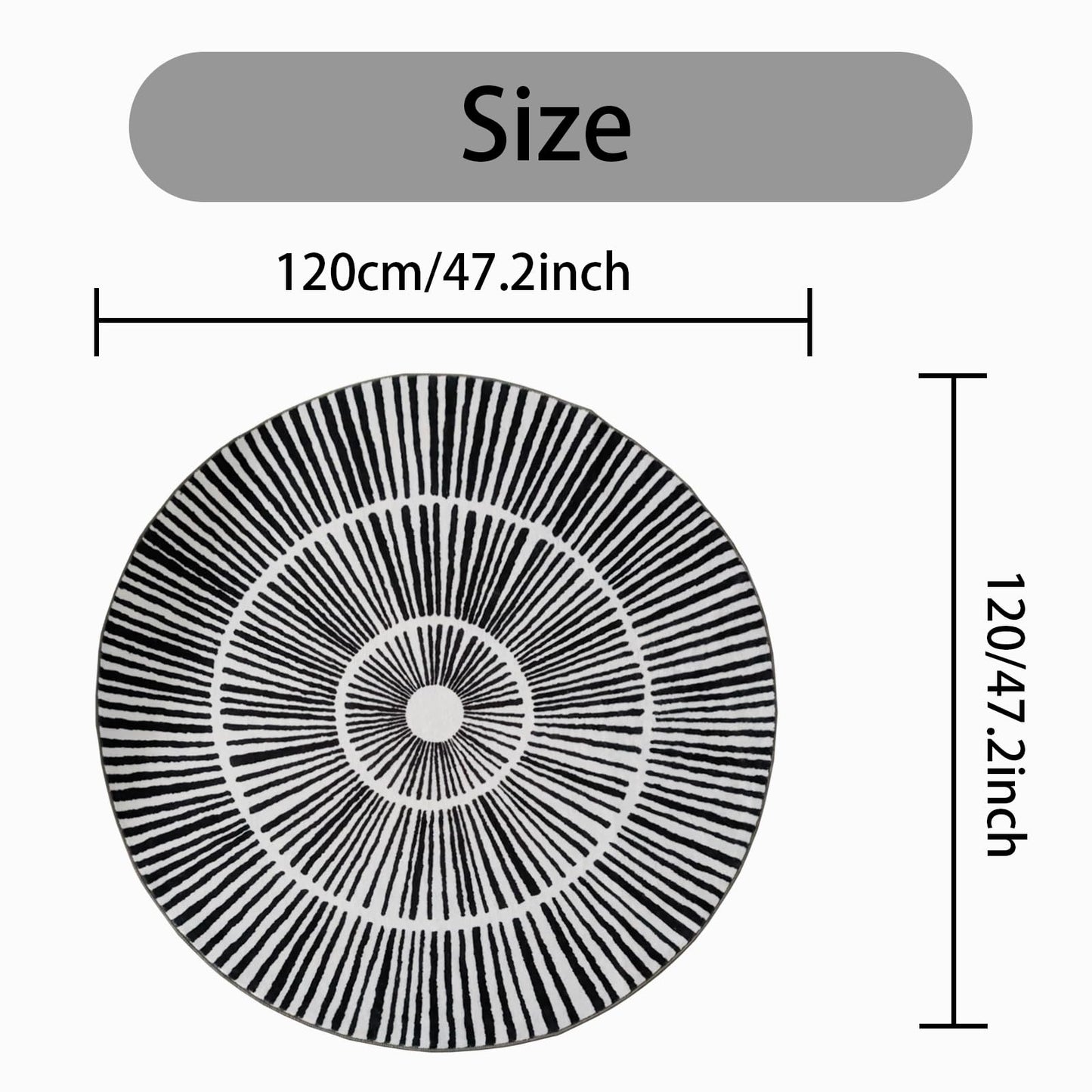 Lacomfy Modern Abstract Rug - 4Ft Round Contemporary Geometric Carpet, Suitable for Bedroom Living Room Dorm Dining Room Farmhouse, Chic, Sun, Lines, Nonslip Washable Circle Floor Mat, Black
