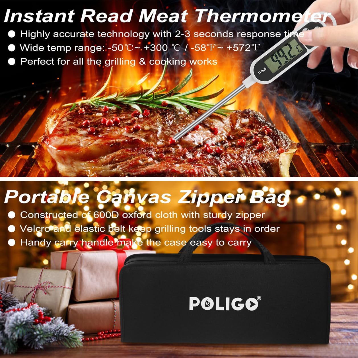 POLIGO 29 PCS BBQ Grill Accessories Stainless Steel BBQ Tools Grilling Tools Set with Storage Bag for Fathers Day Dads Birthday Presents - Camping Grill Utensils Set Ideal Grilling Gift for Men Silver