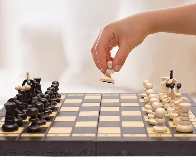 Husaria European International Chess Wooden Game Set King's Continental - 13.8 Inches Medium Size Chess Set with Handcrafted Chessmen and Felted Folding Board