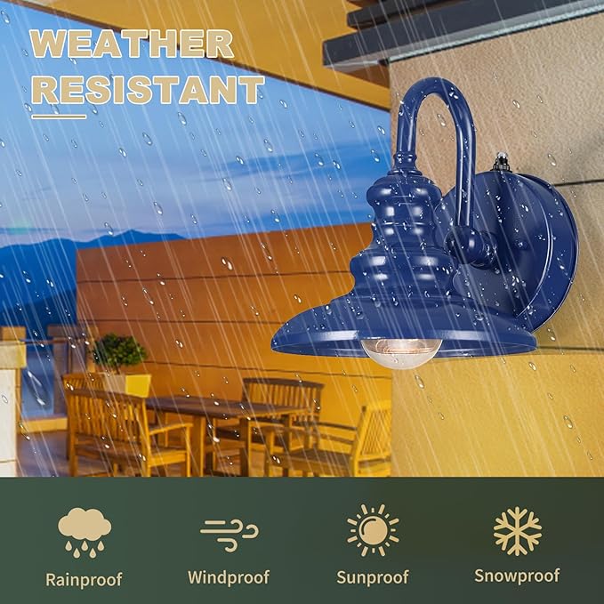LONEDRUID Dusk to Dawn Sensor Outdoor Gooseneck Barn Light Fixtures Blue Exterior Wall Sconce Lighting Rustic Outside Porch Lantern Farmhouse Wall Mount Lamp for House Garage Patio