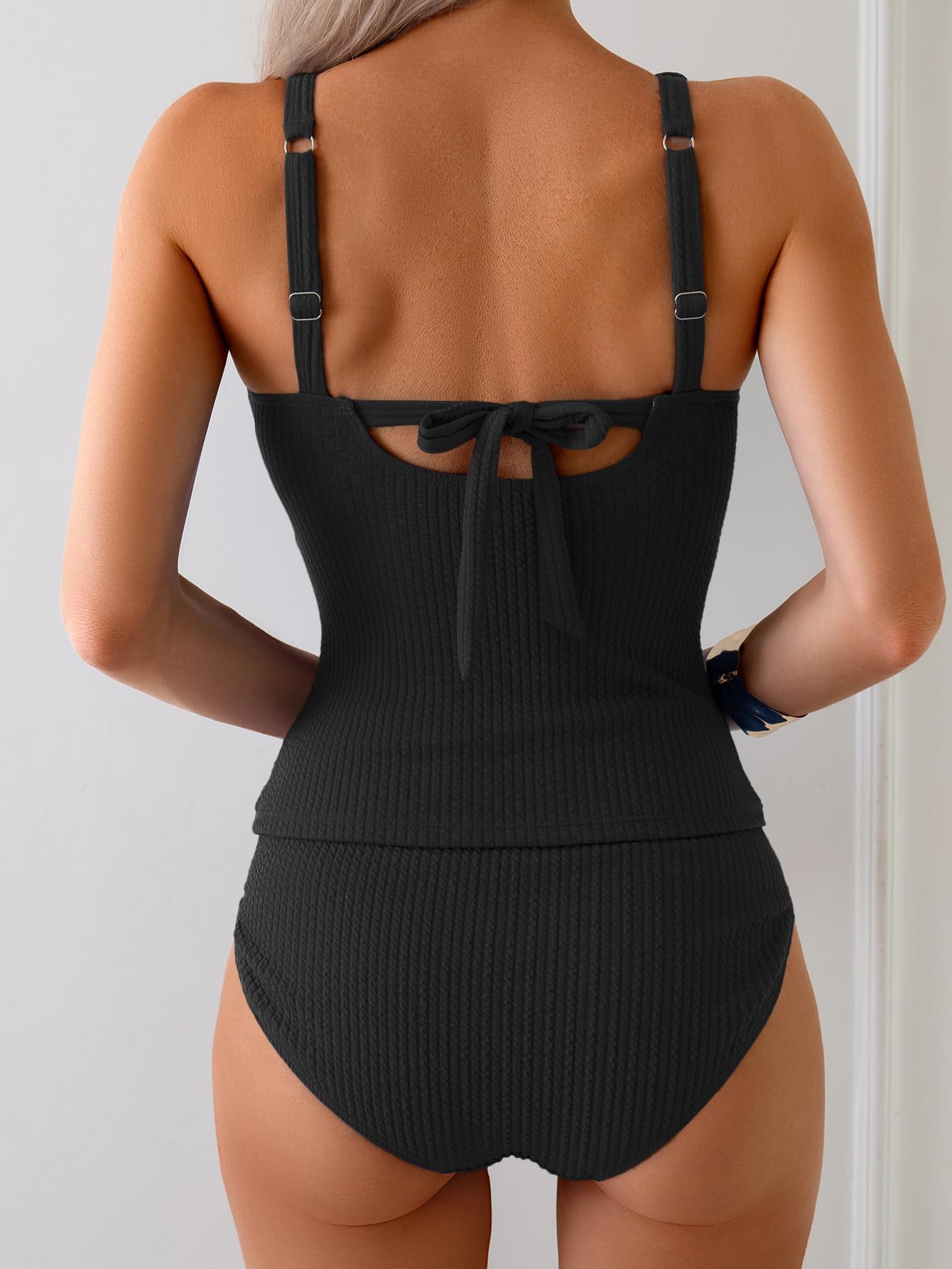 Eomenie Women's Tankini Swimsuits Ribbed Tummy Control Two Piece Bathing Suits Tie Back High Waisted Swimwear Black