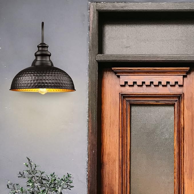 Farmhouse Outdoor Barn Light Fixtures, 12 Inch Dome Gooseneck Exterior Wall Lights, Rustic Outdoor Wall Sconces Outside Wall Mount Lantern with Bead Shape for Home, Porch, Garage, Doorway