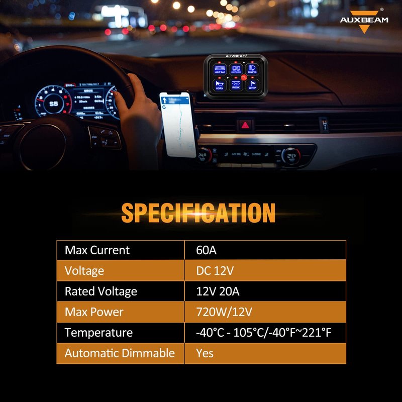Auxbeam 6 Gang Switch Panel BC60, Universal Circuit Control Relay System Box with Automatic Dimmable On-Off LED Switch Pod Touch Switch Box for Car Pickup Truck UTV ATV Boat, 3 Years Warranty, Blue