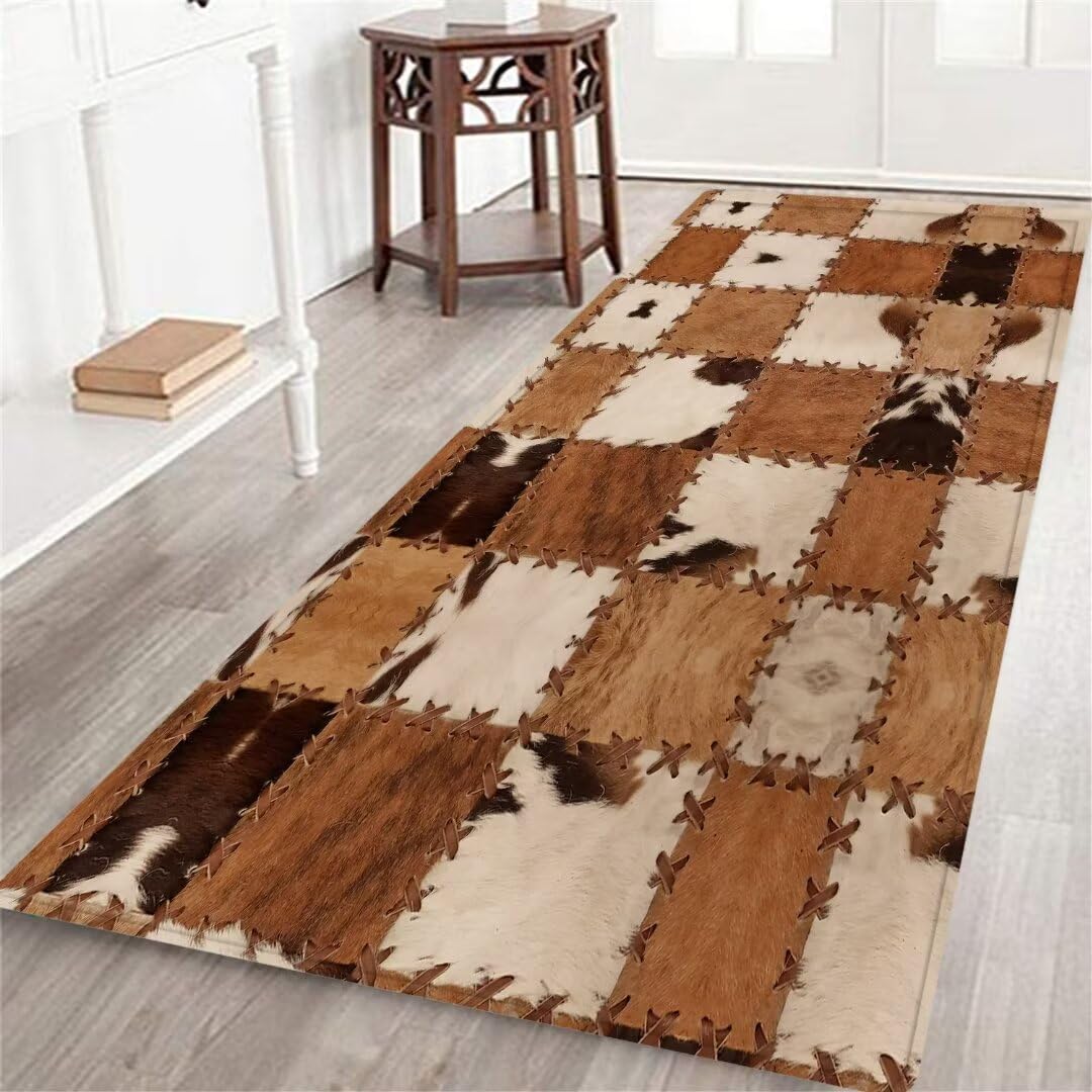 Cowhide Runner for Living Room and Hallway - Brown 2x6 Farmhouse Western Throw, Patchwork Cow Fur Print Area Non-Slip Floor Carpet for Bedroom, Entrance Door Mat - Washable
