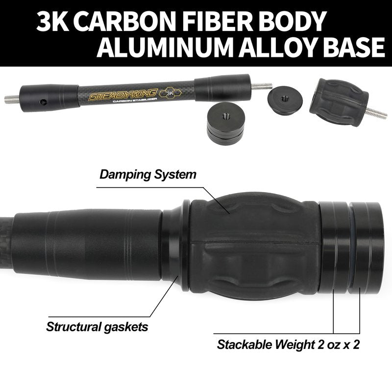 AMEYXGS Archery Bow Stabilizer for Compound Bow, 3K Carbon Fiber 6", 8", 10", 12" 15" Rods, Damping System, Weights Kit, Single Side V-Bar Mount,Quick Disconnect (15″)