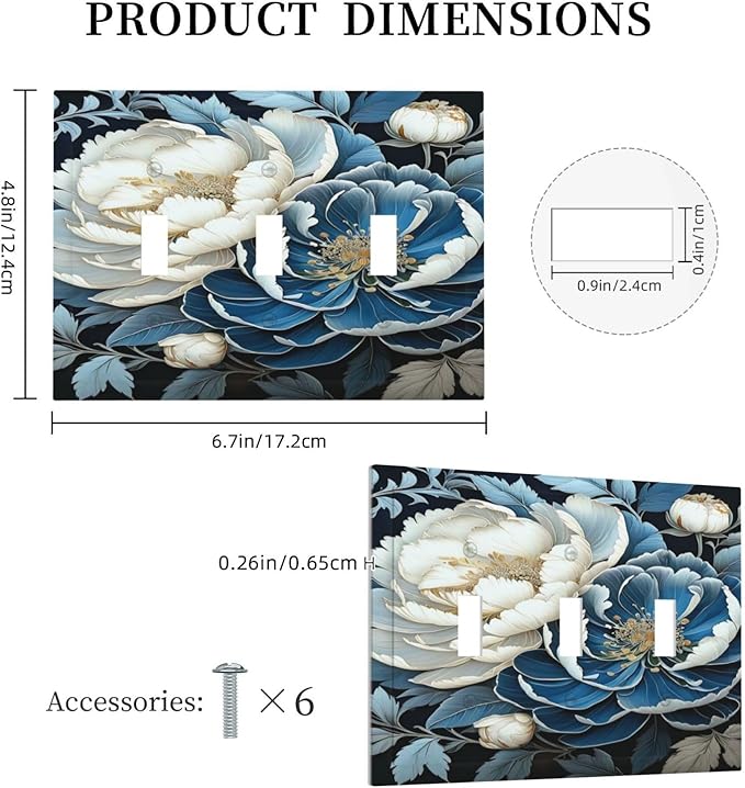 White Blue Flower Peonies Light Switch Covers 3 Gang Triple Toggle Wall Plate Decorative Switchplate Electrical Faceplate for Farmhouse Living Decor